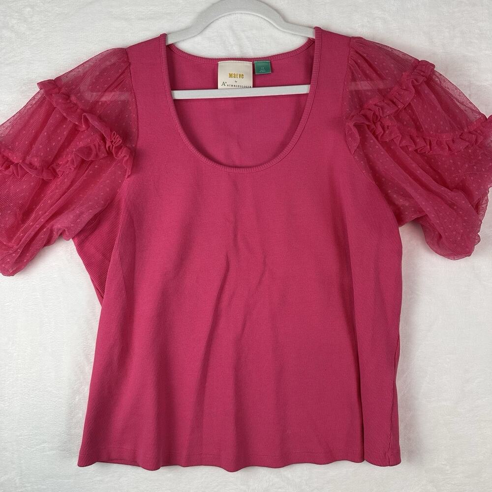 Maeve Anthropologie 1X XL Hot Pink Ribbed Ruffle Tulle Sleeve Shirt Feminine